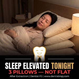 Sleep with your head elevated on pillows after tooth extraction to reduce swelling